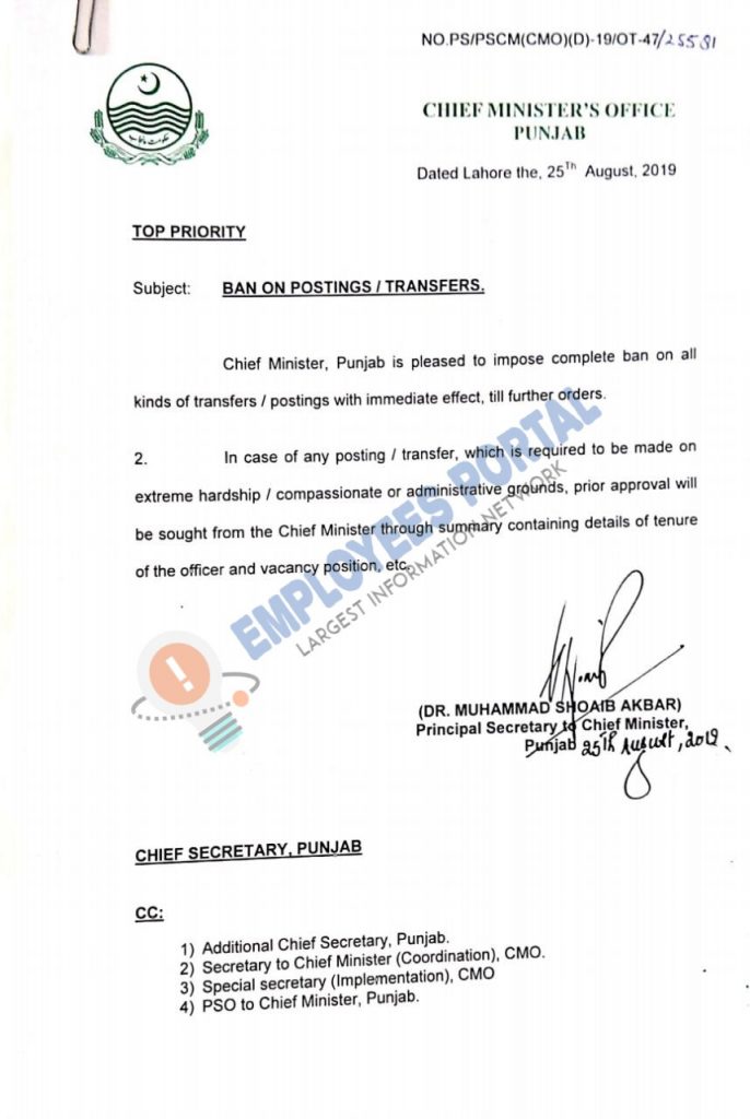 Ban on Transfer & Posting in Punjab 2019 Latest News