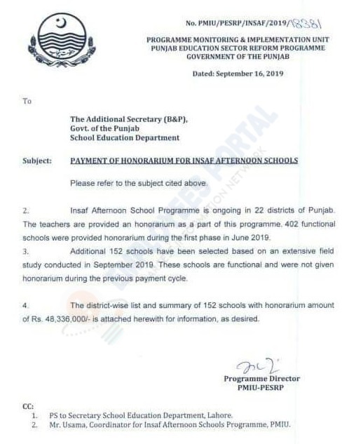 Payment of Honorarium for Insaf Afternoon Schools