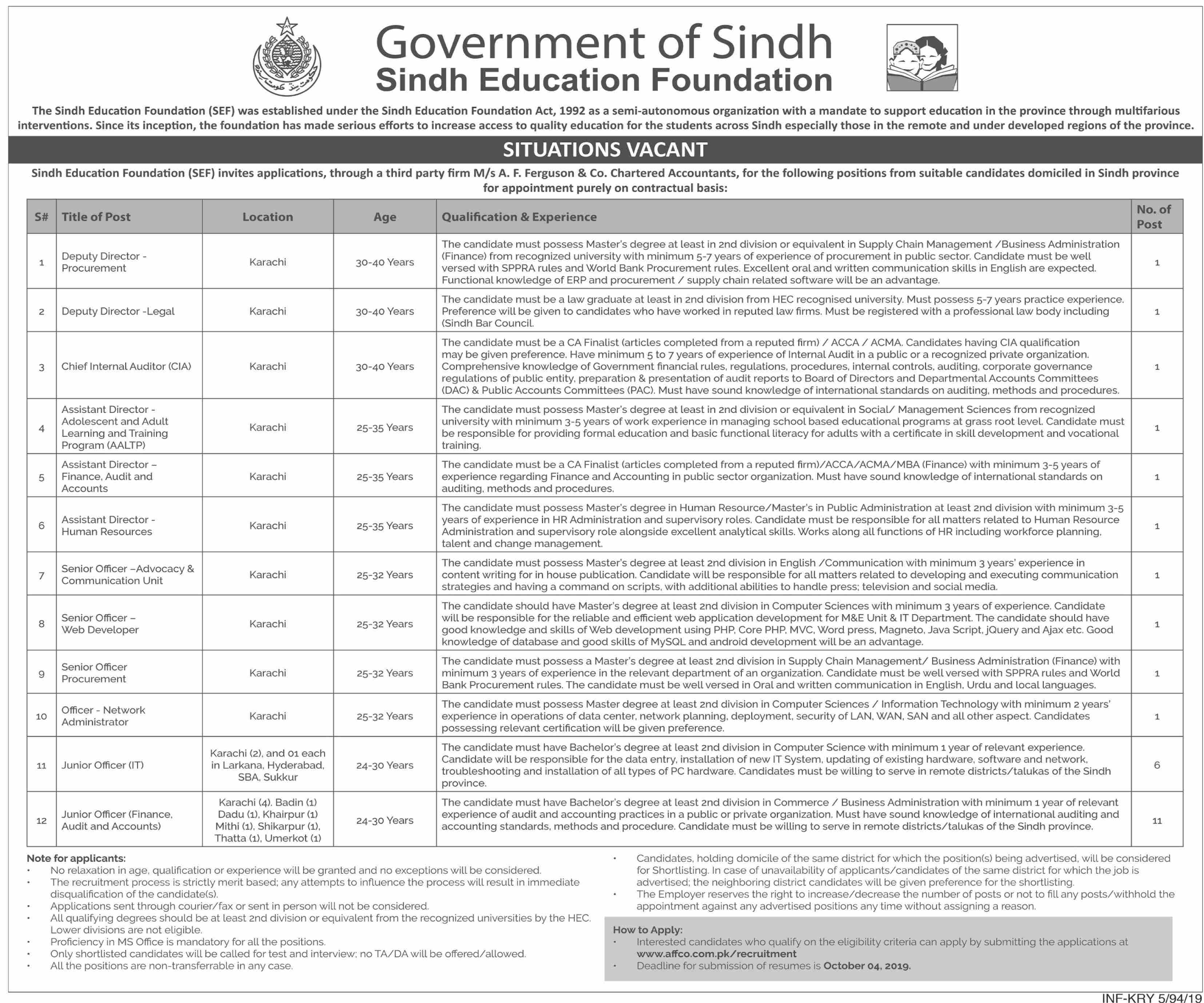 Sindh Education Foundation Jobs 2019 Applicants Criteria How to Apply