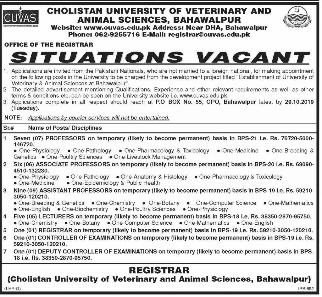 Cholistan University of Veterinary and Animal Sciences Jobs Advertisement 2019