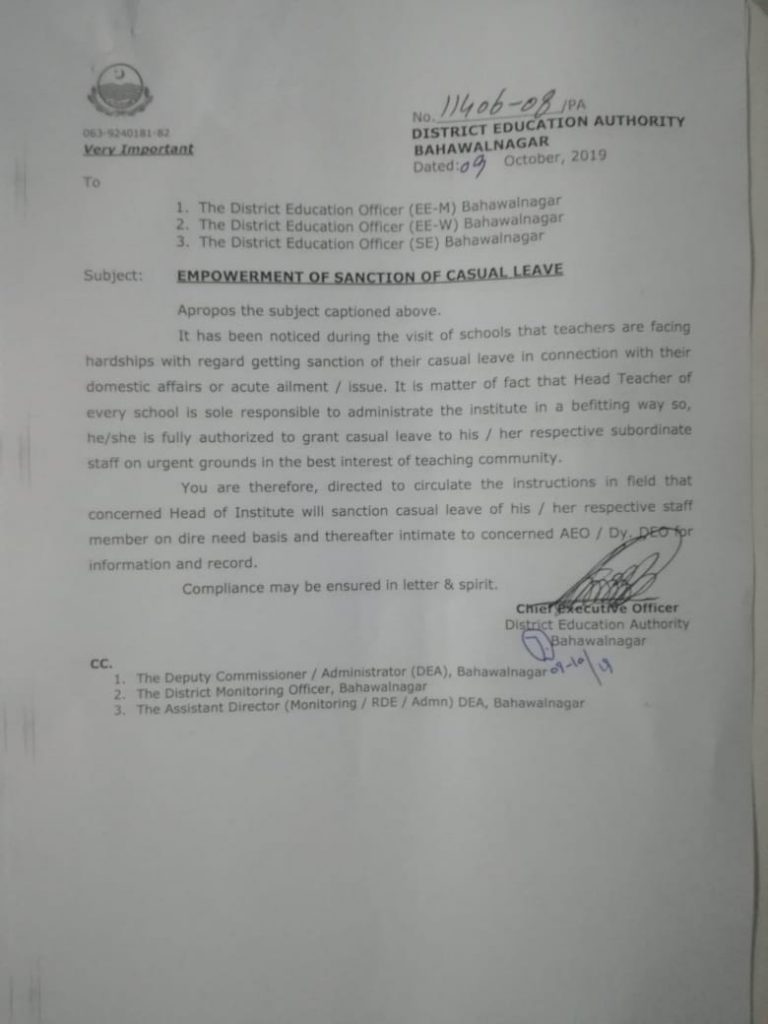 Empowerment of Sanction of Casual Leave