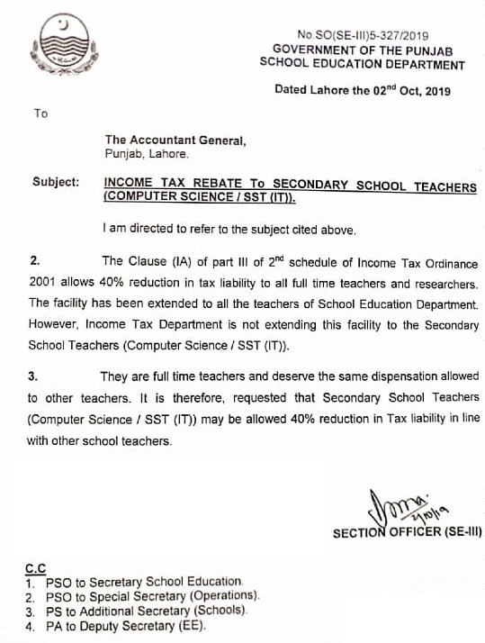 Income Tax Rebate 40 To All Teachers Of School Education Department 