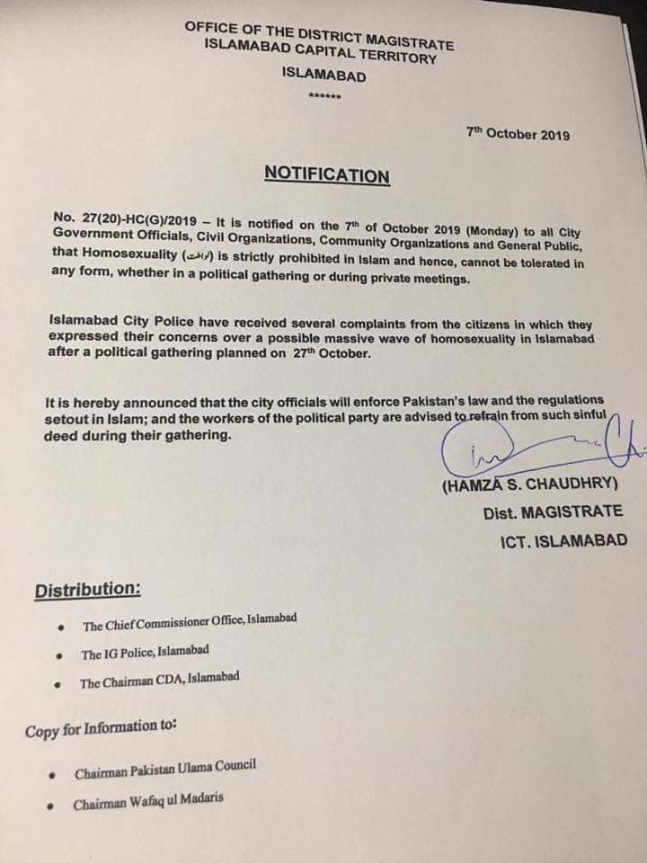 Islamabad Police Crackdown against Homosexuality Notification Issued