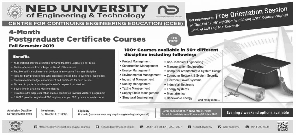 NED University 4 Month Postgraduate Courses