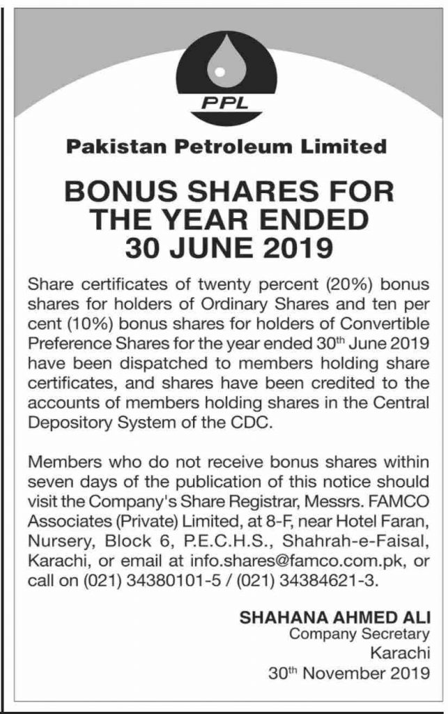 Bonus Shares for the Year Ended 30 June 2019 PPL