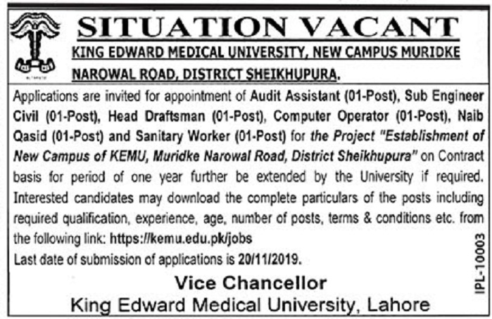 Latest Jobs King Edward Medical University Lahore 1 November, 2019