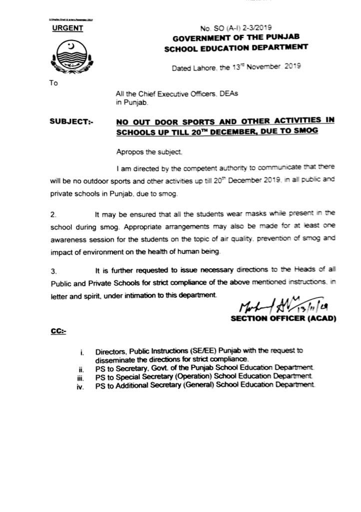 No Outdoor Sports and Activities in Schools till 20th December Due to Smog