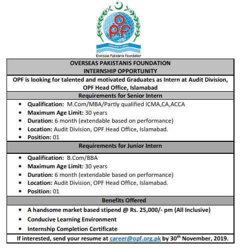 OPF Internship 2019 Audit Division Islamabad