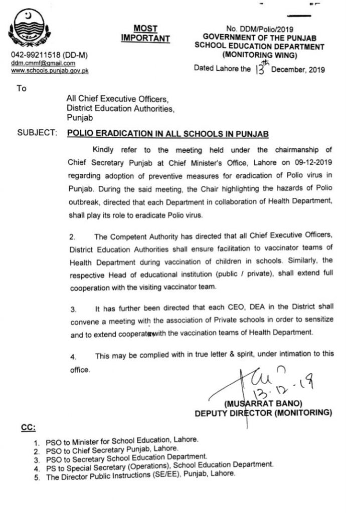Eradication of Polio Virus in Punjab Schools