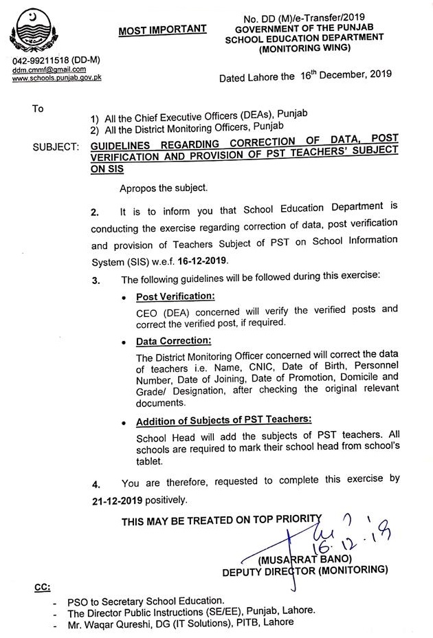 Guidelines Regarding Correction, Verification & Provision of PST Teachers Subject on SIS