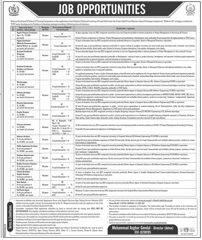 Vacancies of Project Staff through OTS in NAVTTC 2020