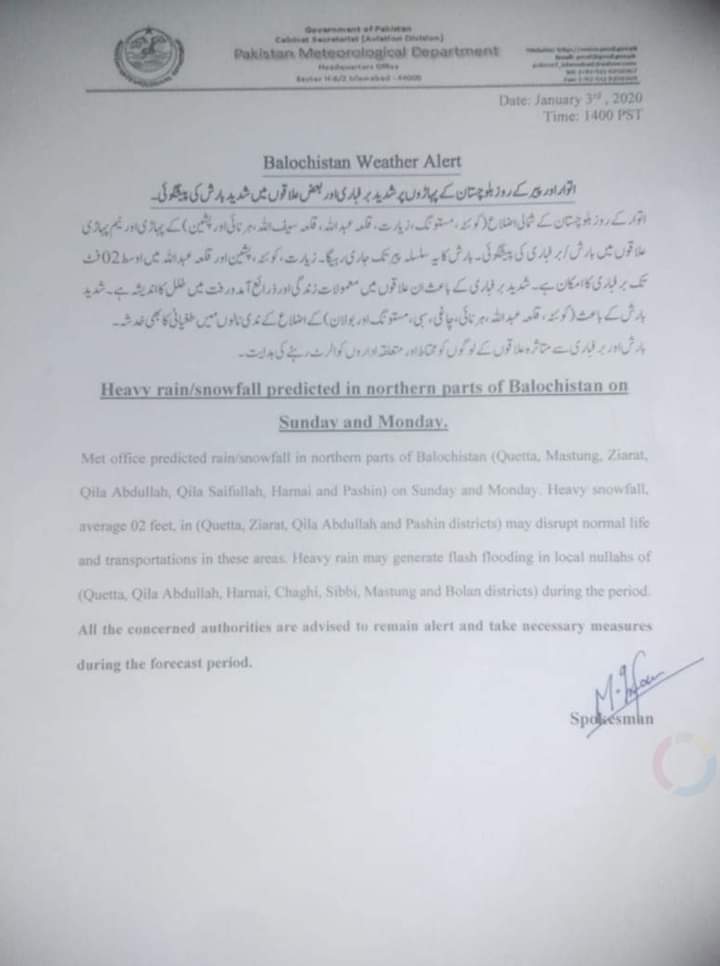 Heavy RainSnowfall Forecast in Balochistan January 2020