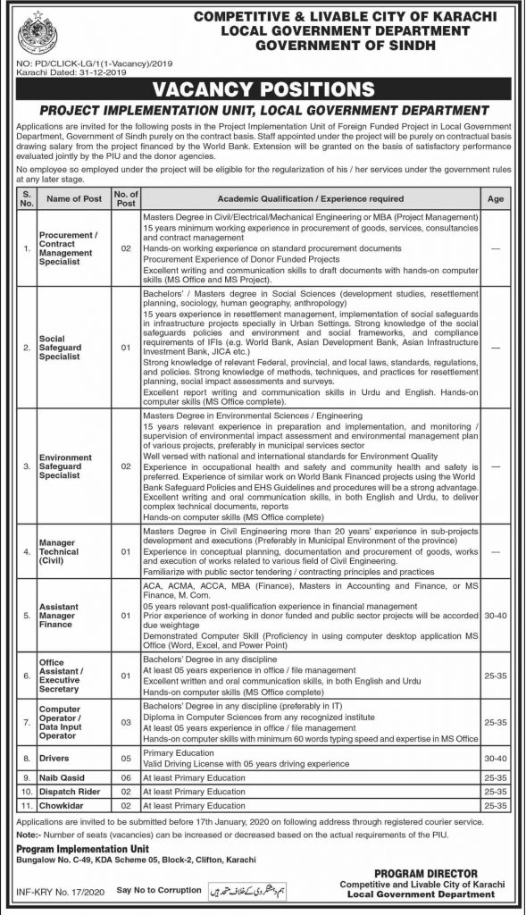 Local Government Sindh Jobs 2020 Project Implementation Unit