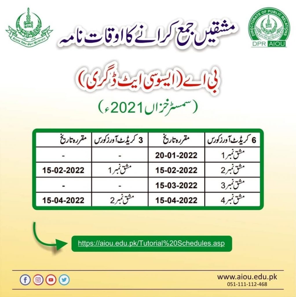 AIOU Assignments Submission Schedule Semester Autumn 2021-22