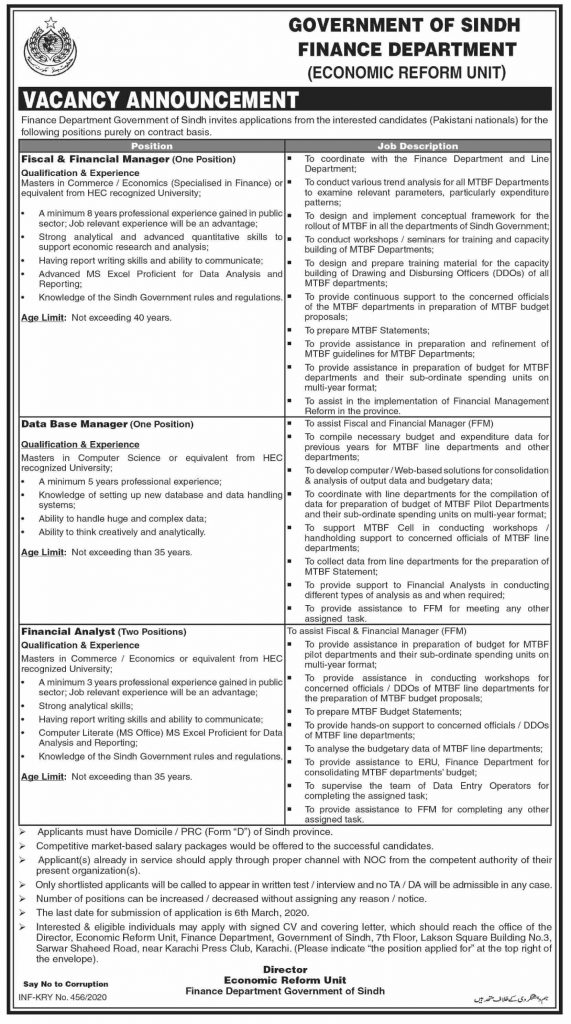 Finance Department Economic Reform Unit Jobs 2020 Sindh Purely Contract Basis