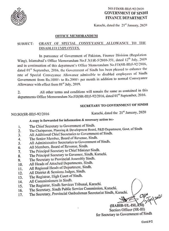 Special Conveyance Allowance For Disabled Employees Sindh 2021
