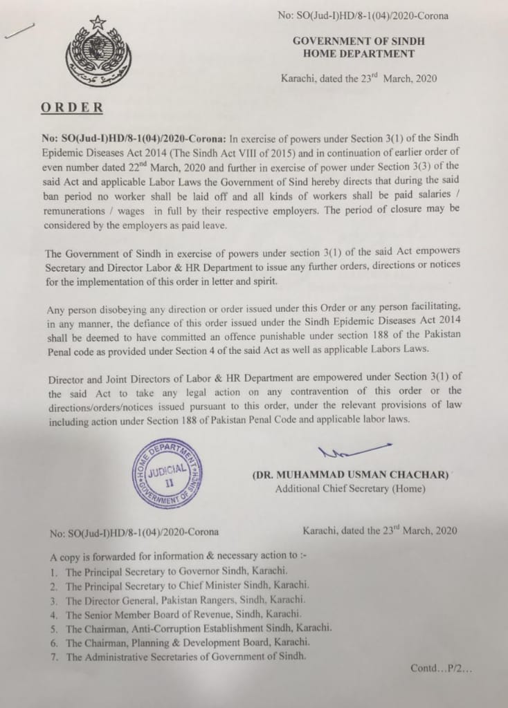 All Employees Shall be Paid for Salaries during CoronaVirus Lockdown in Sindh