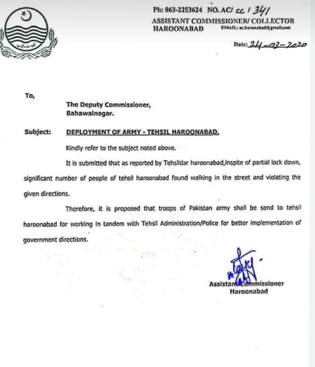 Notification of Deployment of Army - Haroonabad
