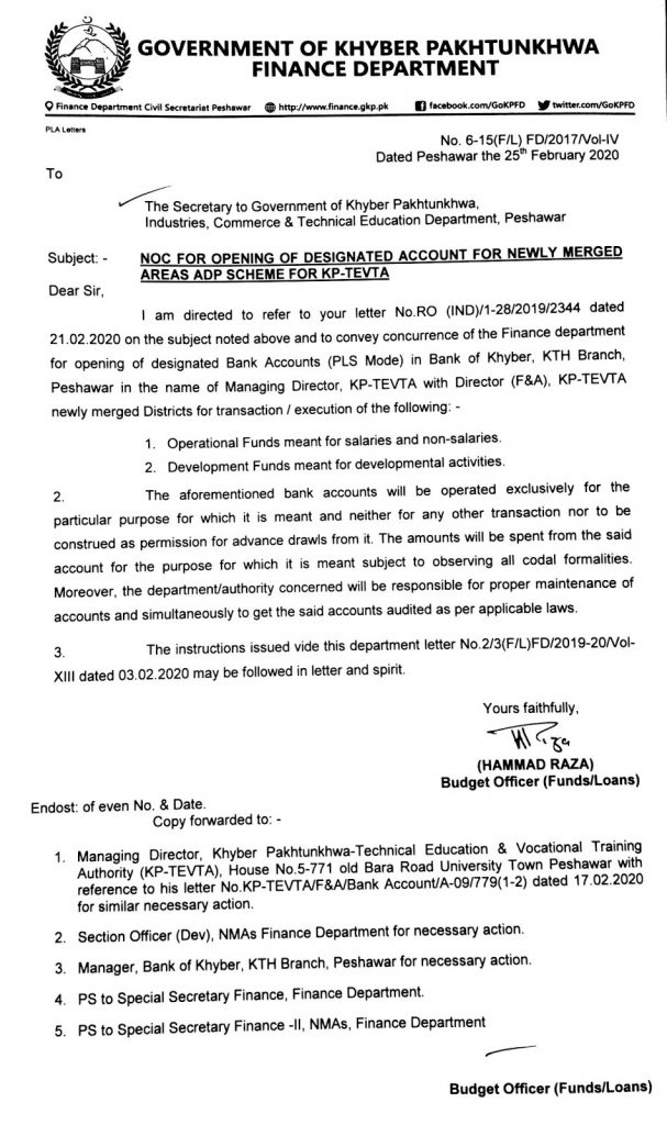 NOC for Opening of Designated Account for ADP Scheme KPK TEVTA