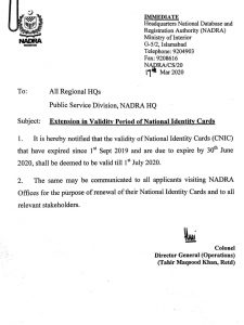 Notification of NADRA Regarding Extension in CNIC