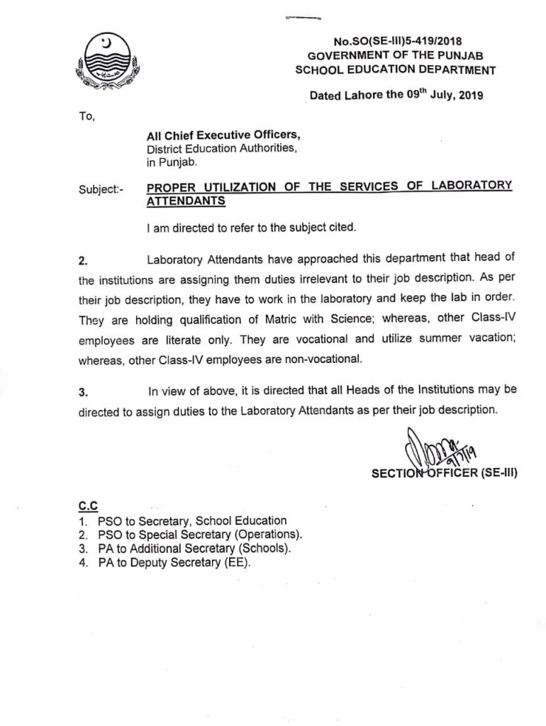 Notification of Proper Utilization of the Services of Laboratory Attendants