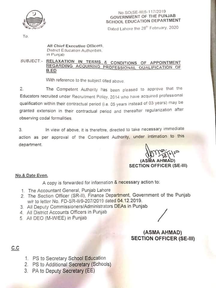 Relaxation in Terms & Conditions of Appointment Regarding Qualification of B.Ed