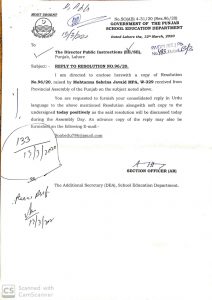 Reply to Resolution No 9620 School Education Department