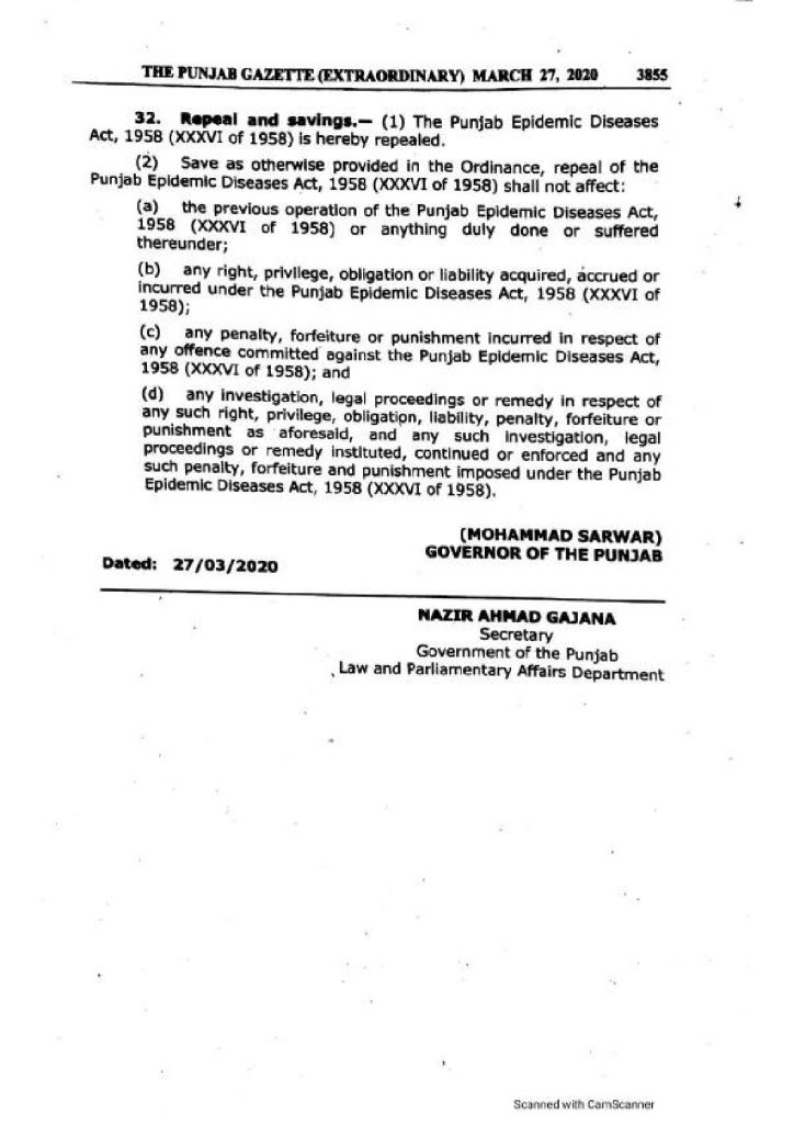 Punjab Infectious Disease (Prevention and Control) Ordinance 2020