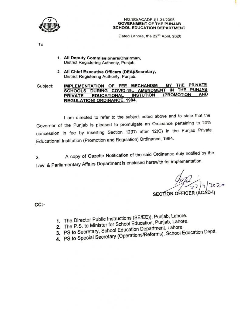 Implementation of Fee Collection Mechanism By Private Schools During Covid-19