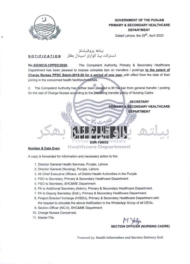 Notification of Ban on TransferPosting of Charge Nurses For Period of One Year