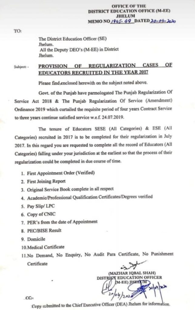 Provision of Regularization Cases of Educators Recruited in the Year 2017