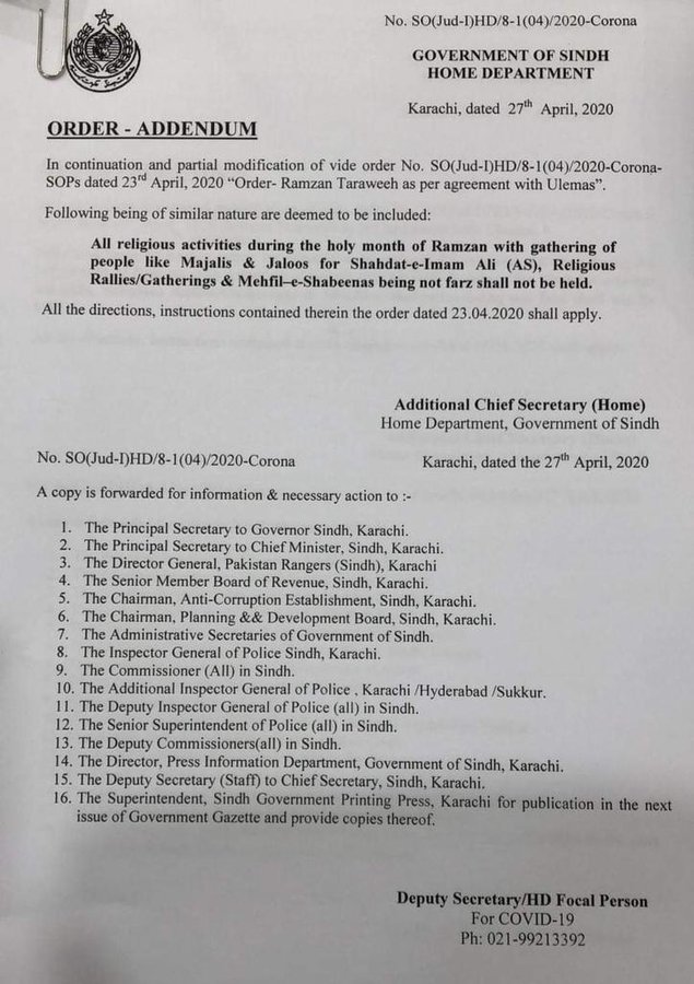 Sindh Govt Notification of Religious Activities (Not Farz) during Ramadan 2020
