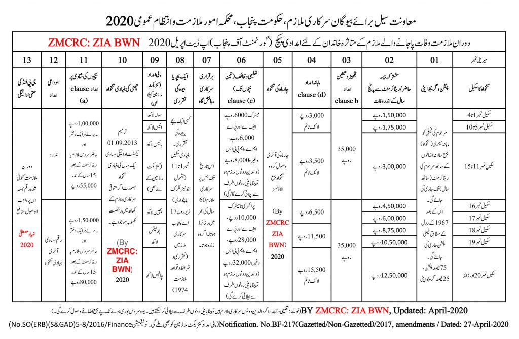 Financial Assistant Package for Deceased Family 2020 Chart English & Urdu