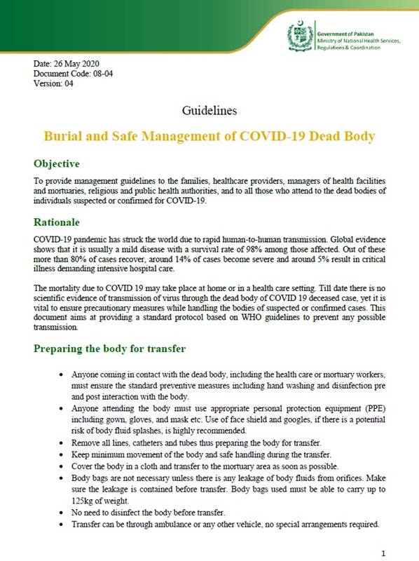 Guidelines for Covid 19 Dead Bodies in Pakistan