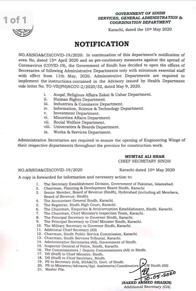 Opening of Govt Departments with Minimum Essential Staff