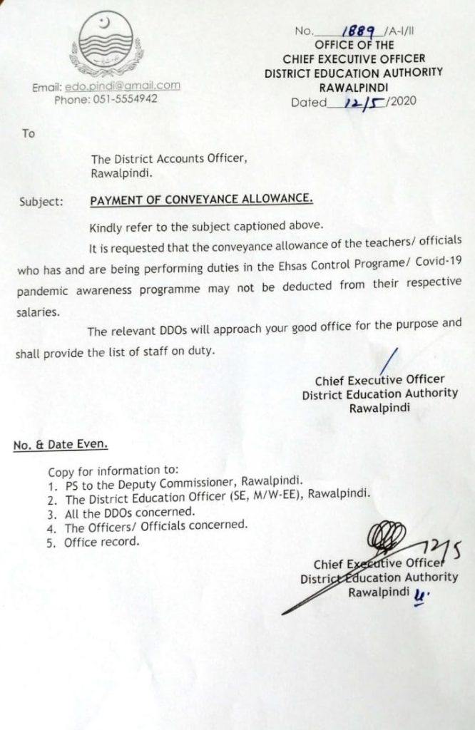 Payment Conveyance Allowance for Teachers Performing Duties in Ehsaas Control Program
