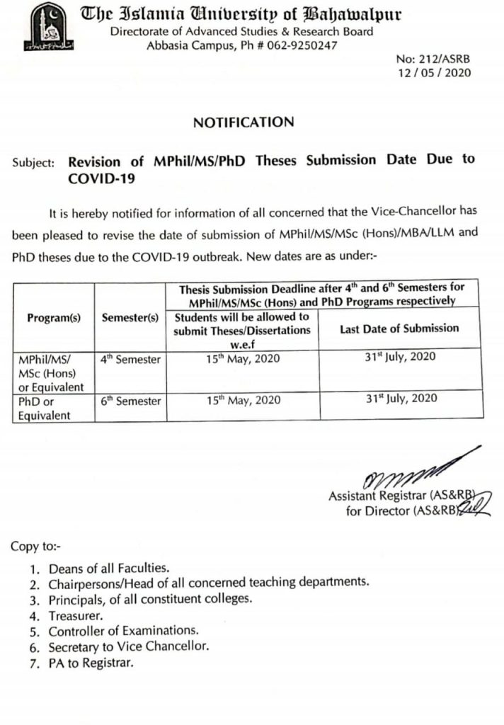 Islamia University of Bahawalpur Revised MPhil/MS/PhD Theses Submission Date Due to Covid-19