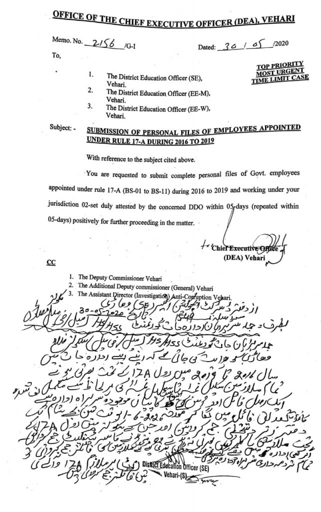 Notification of Submission of Personal Files of Employees Appointed under Rule 17-A