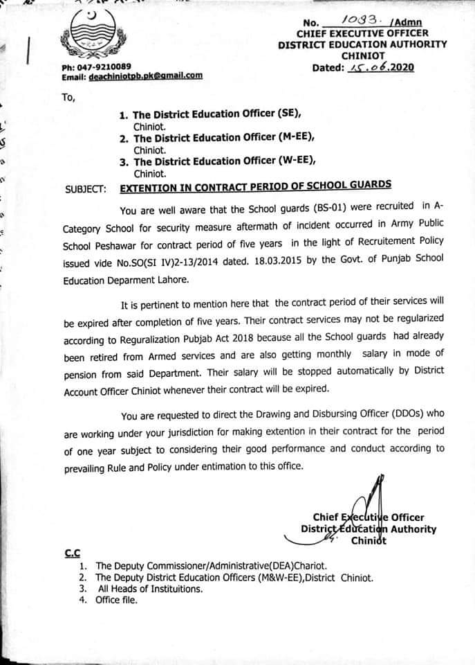 Extension in Contract Period of School Guards 2020