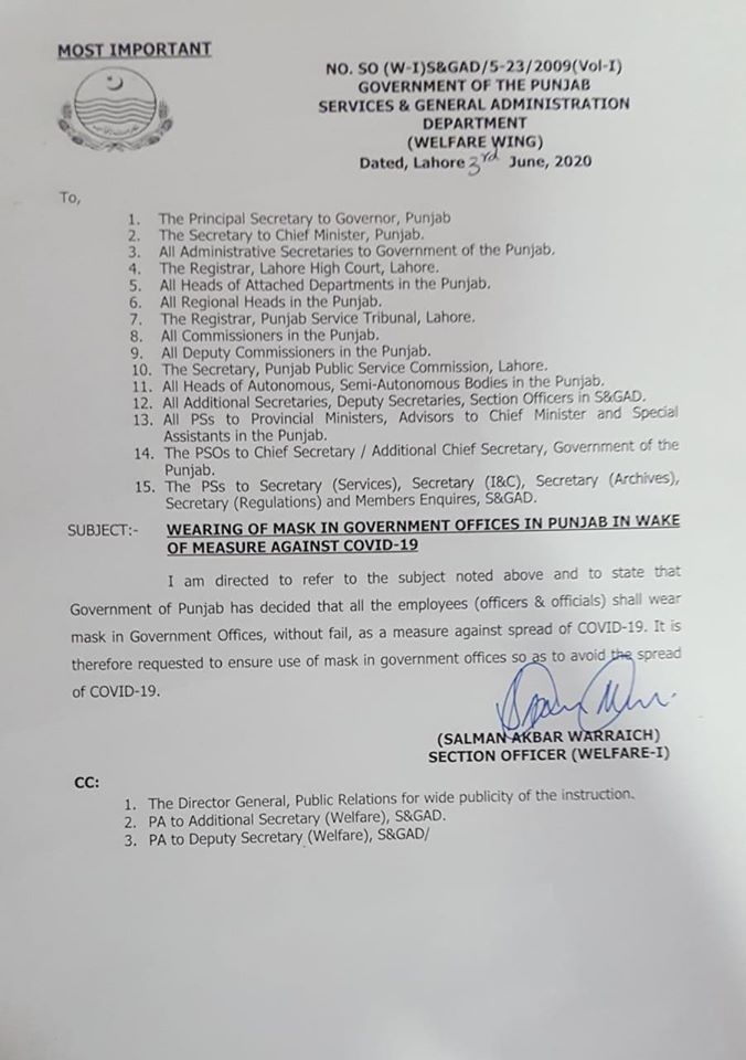 Face Mask Compulsory for Employees of Punjab Government Notification 2020