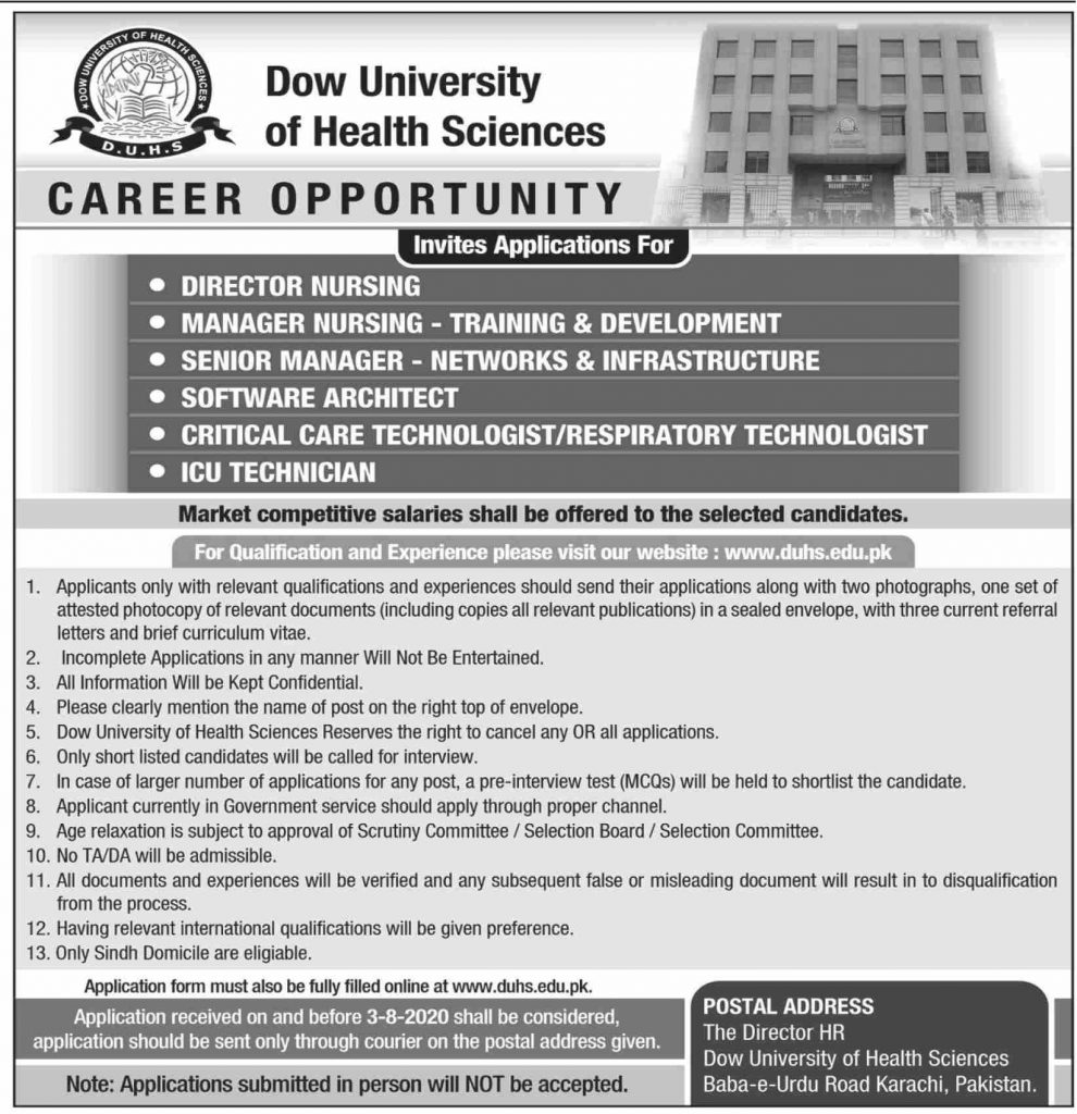 Dow University of Health Sciences Latest Jobs 21 July, 2020