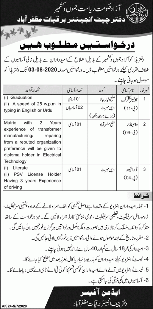 Electricity Department AJK Latest Jobs 25 July 2020