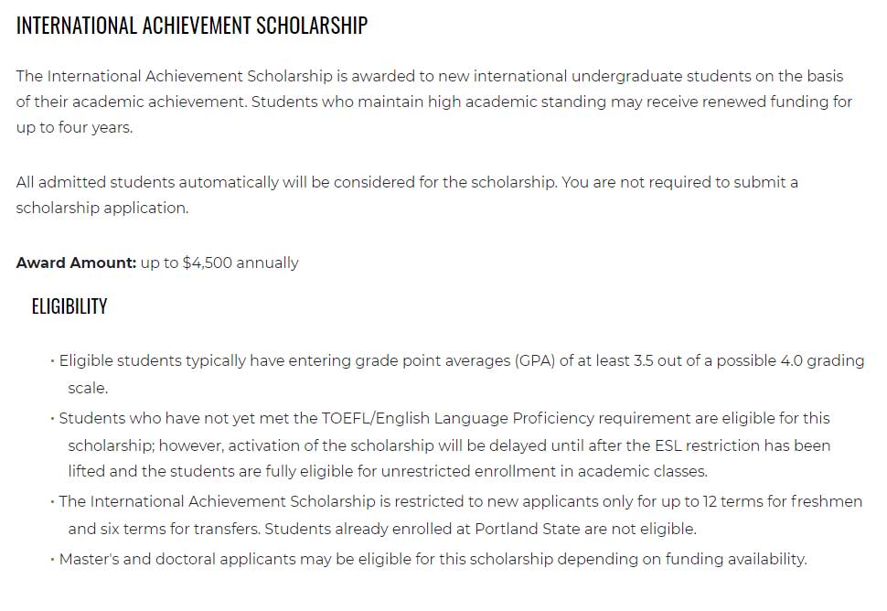 International Achievement Scholarship 2020 Portland State University