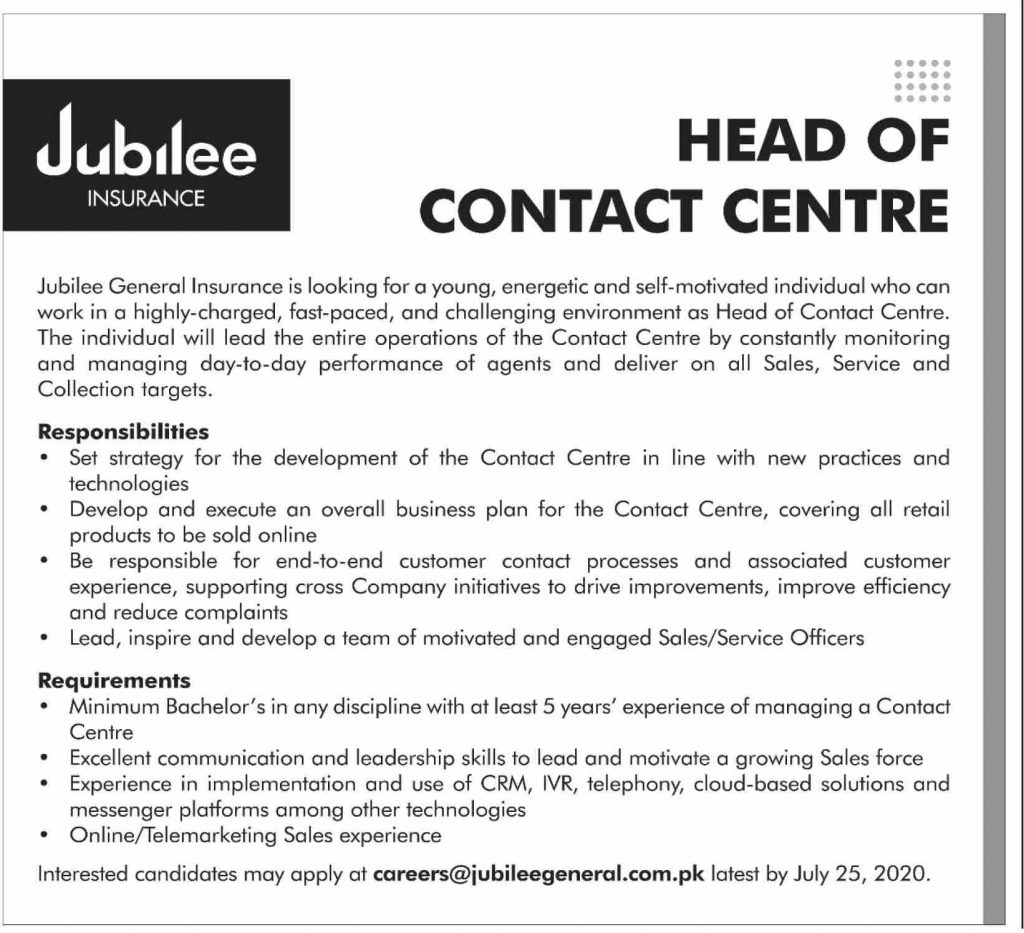 Jubilee Insurance Latest Jobs 2020 Head of Contact Centre