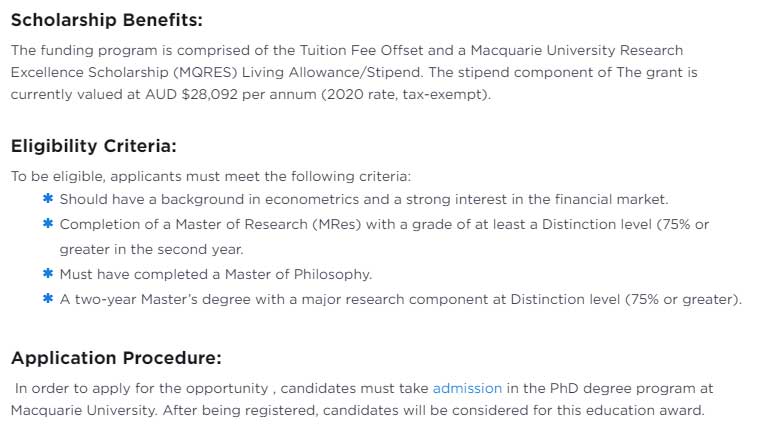 Macquarie University PhD International Scholarships in Financial Econometrics 2020