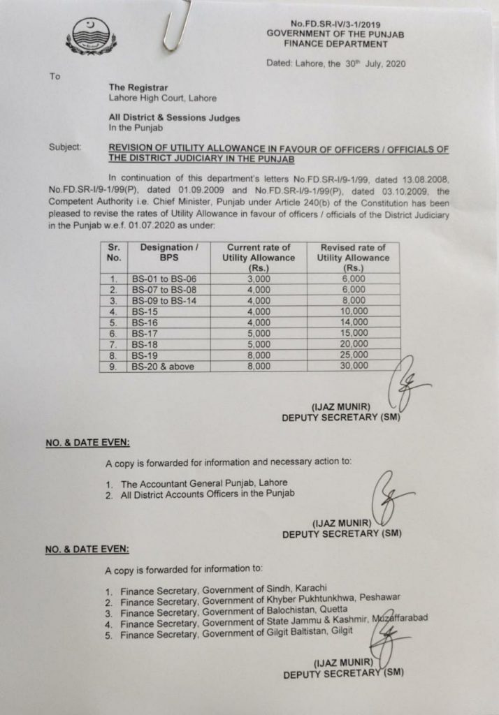 Revision of Utility Allowance for OfficersOfficials District Judiciary Punjab