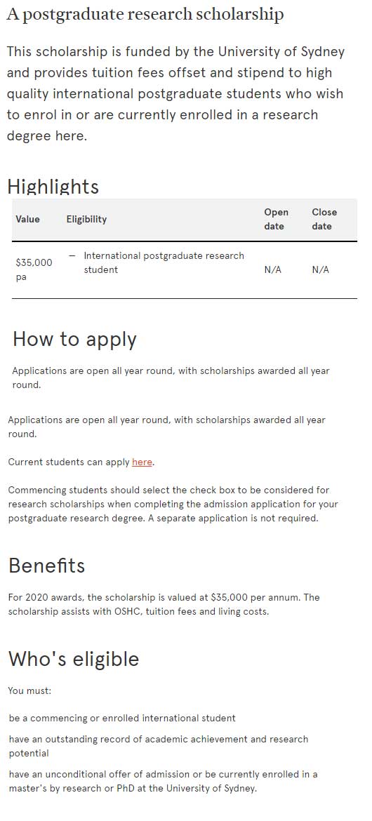 University Of Sydney International Scholarships 2020-21