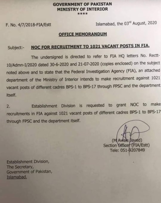 NOC For Recruitment To 1021 Vacant Posts in FIA
