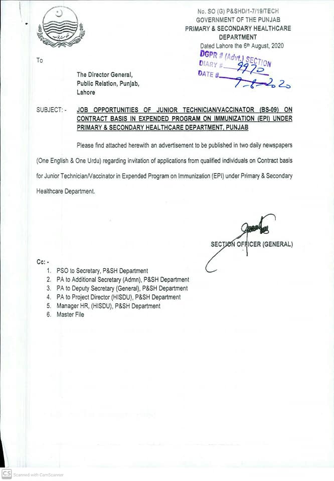 NTS Jobs Opportunities of Junior Technician Vaccinator (BPS-09) Health Department Punjab (Notification)