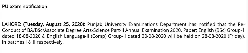 Punjab University Re-Conduct of BABScAssociate Degree ArtsScience Part-II Annual Examination 2020
